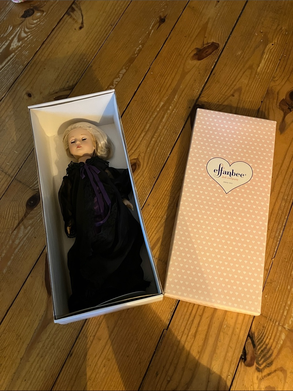 Elf'anbee Porcelain Doll in Black Dress with Purple Ribbon